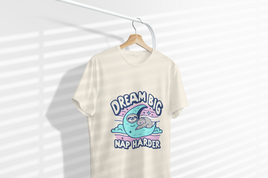 Dream Big Nap Harder Unisex T-Shirt | Relaxed Fit Sloth Graphic Tee
